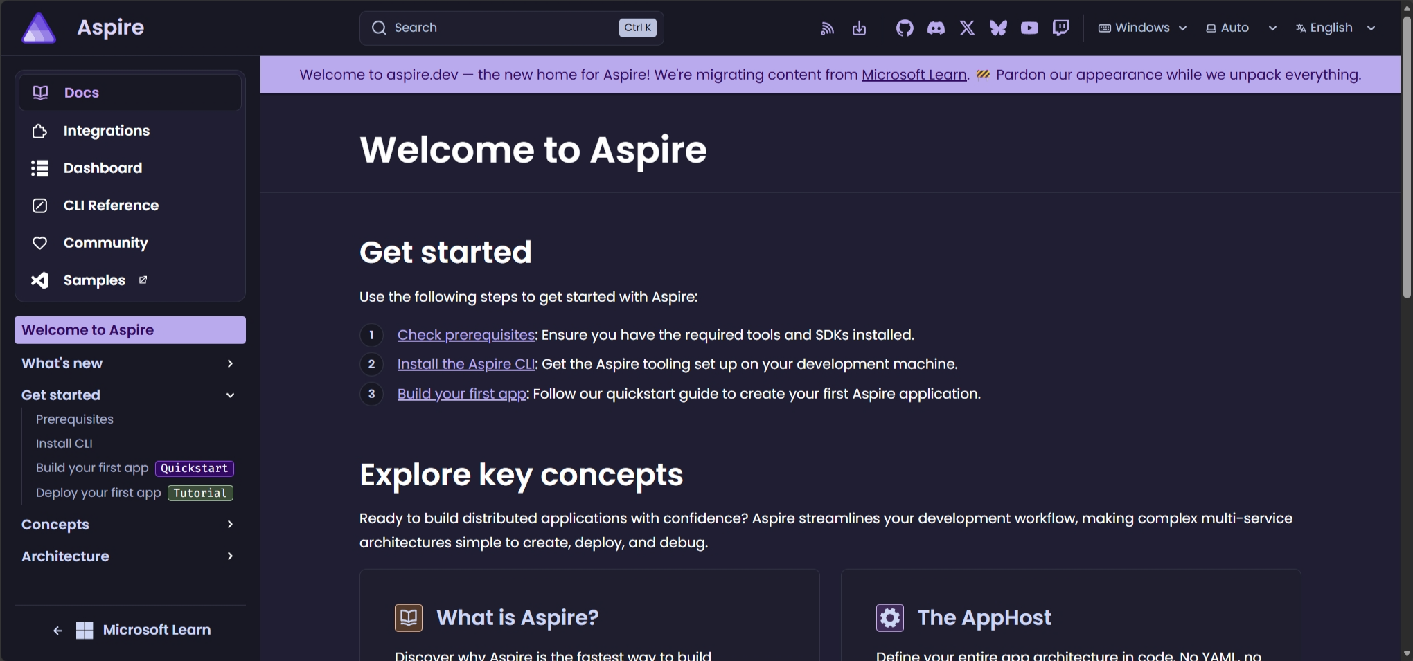 Banner on aspire.dev welcoming users to the new .NET Aspire documentation home, featuring yellow and blue gradient background with informational text about the migration from Microsoft Learn