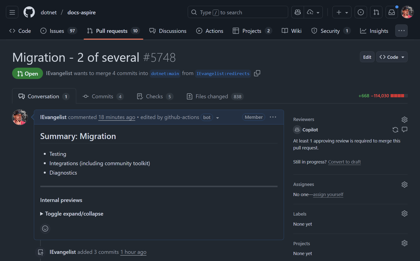 GitHub pull request showing the migration of Aspire integration documentation with a diff summary displaying +668 additions and −114,030 deletions across multiple markdown files in the aspire.dev repository