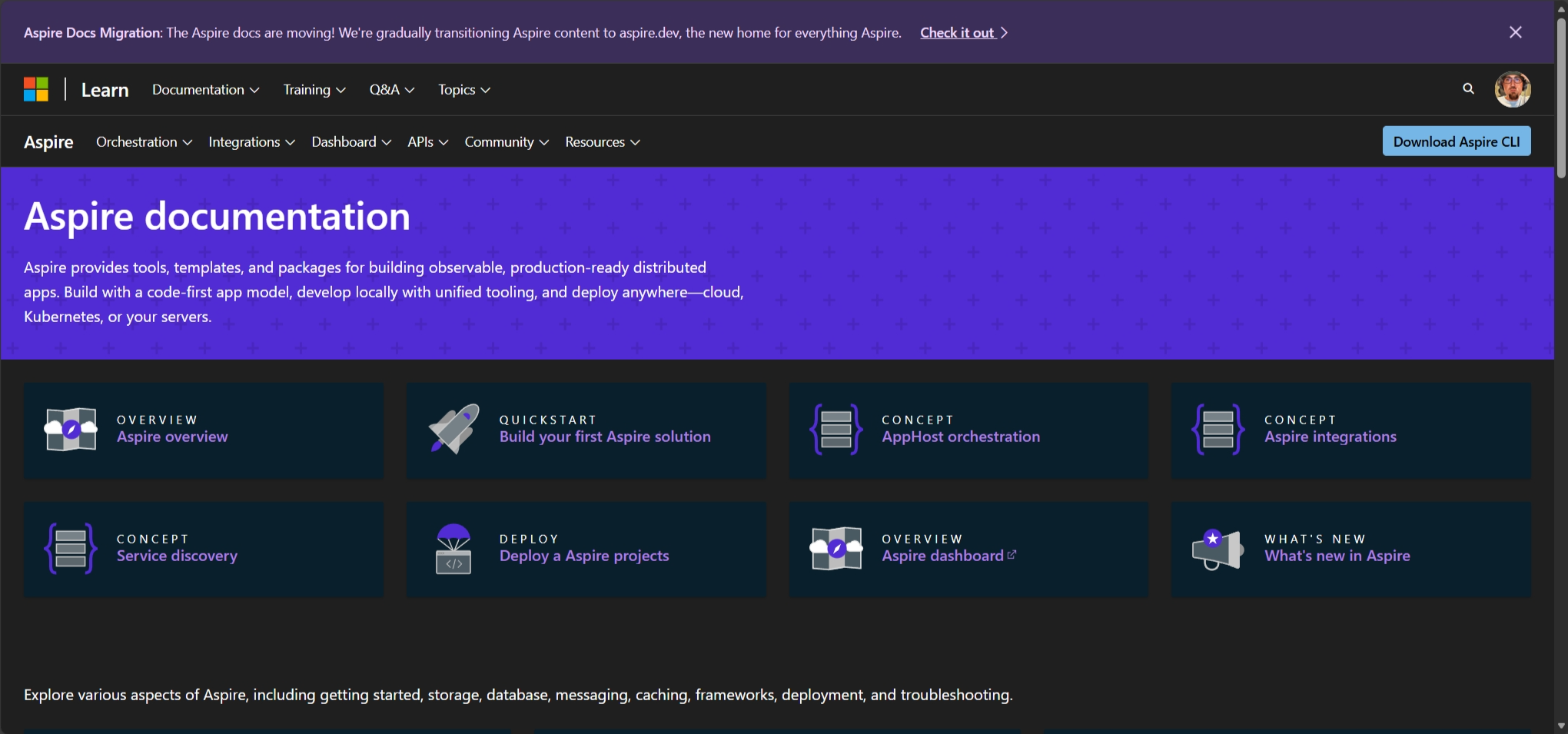 Banner on Microsoft Learn announcing the migration of .NET Aspire documentation to aspire.dev, featuring yellow and blue gradient background with informational text about the transition